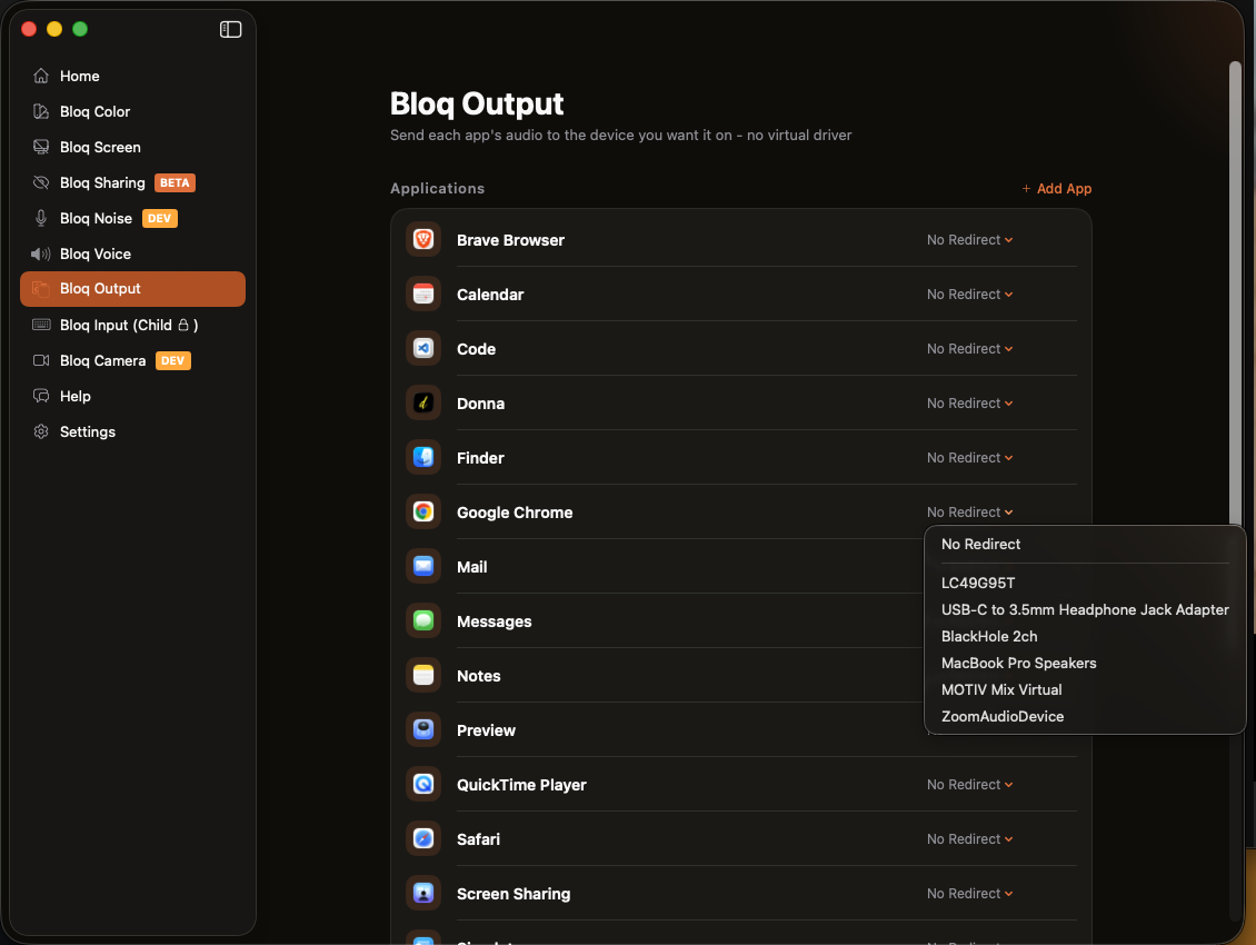 Choosing an output device for Google Chrome in Bloq Output, with speakers, headphones and virtual devices listed