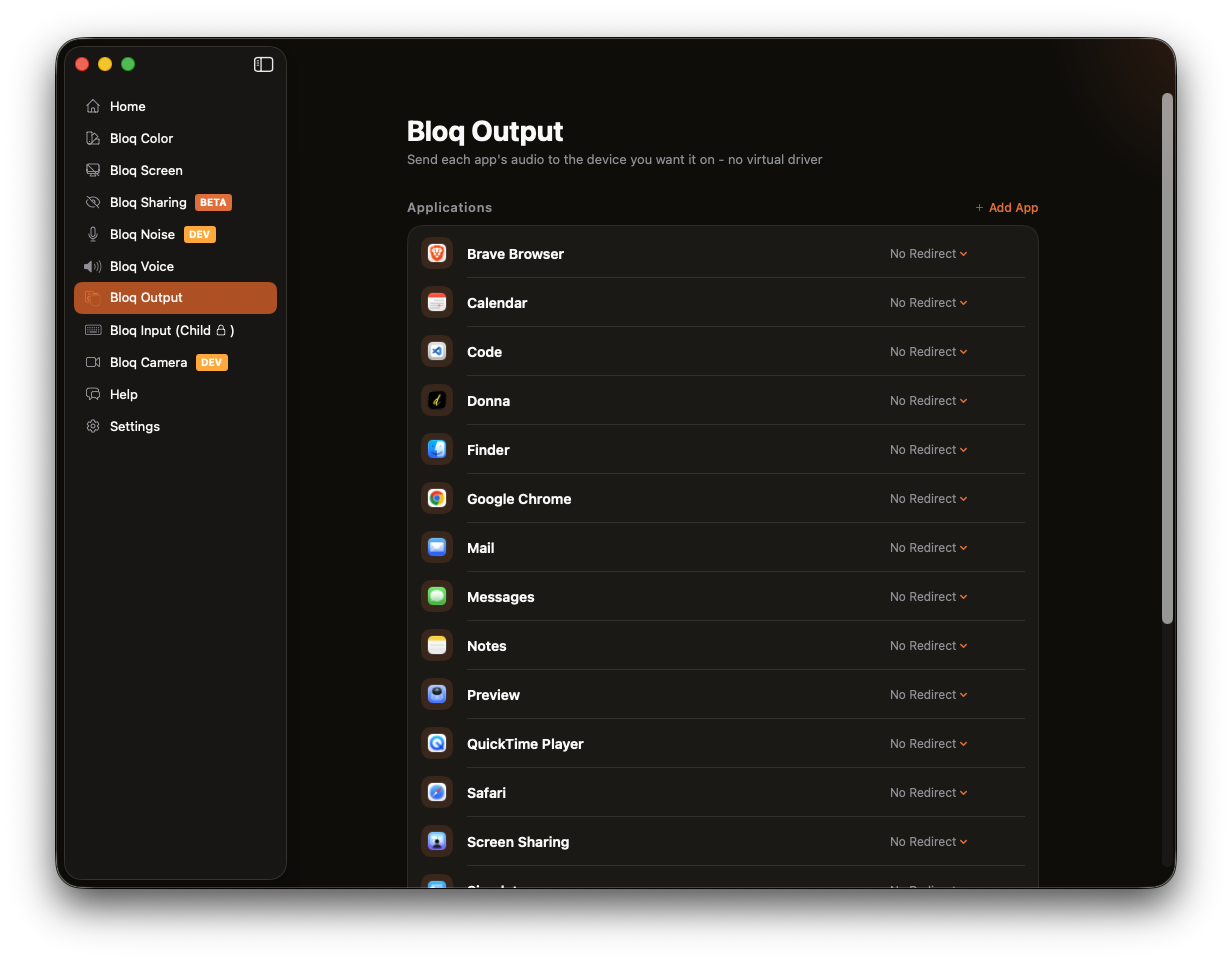 The Bloq Output tab in bloq for Mac, listing open apps, each with its own output device menu