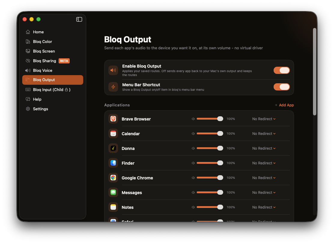 The Bloq Output tab in bloq for Mac with a volume slider and output device menu for each running app