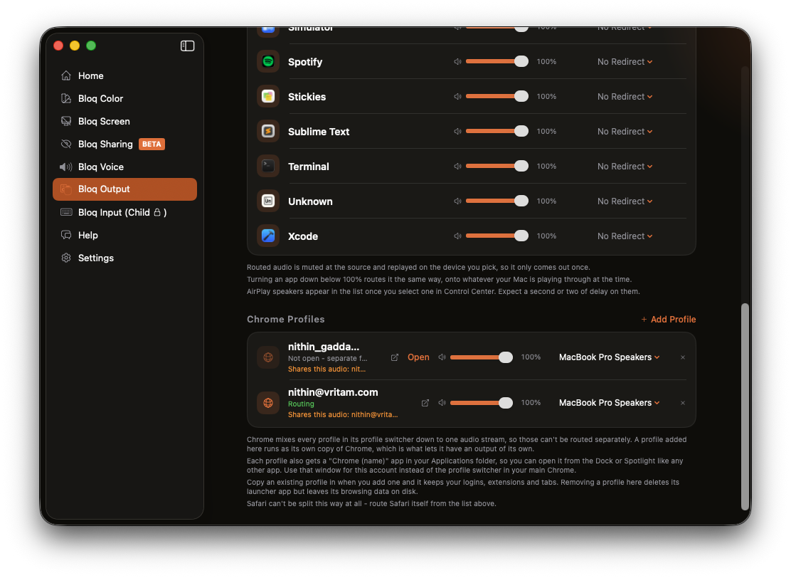 The Chrome Profiles section of Bloq Output in bloq for Mac, with two profiles routed to different output devices