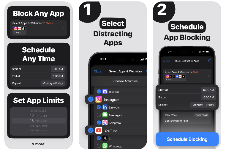 Bloq app interface showing how to block distracting apps, schedule app blocking, and set app limits