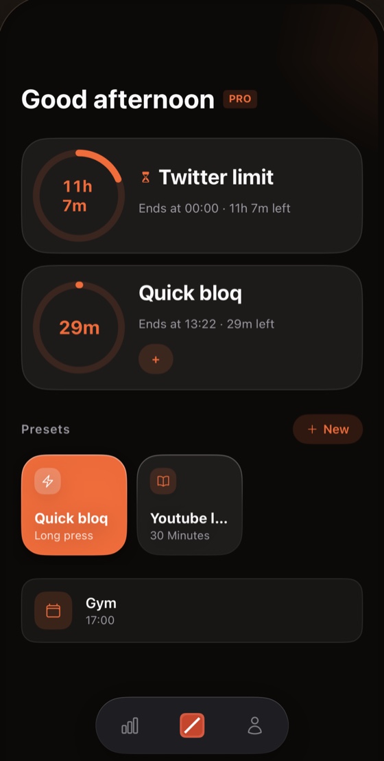 bloq iPhone app home showing the same Twitter limit and Quick bloq session in sync