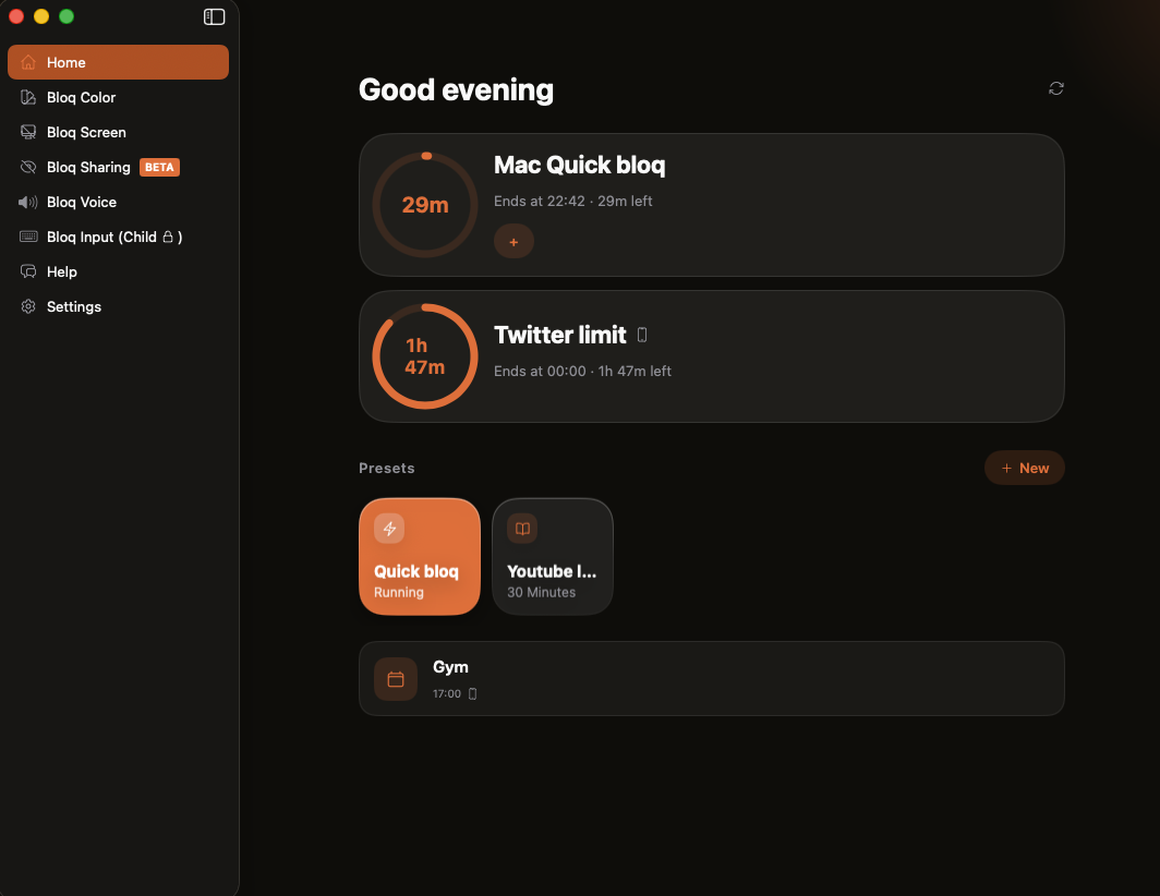 bloq Mac app home with a running Mac Quick bloq session, a Twitter limit, and preset bloqs