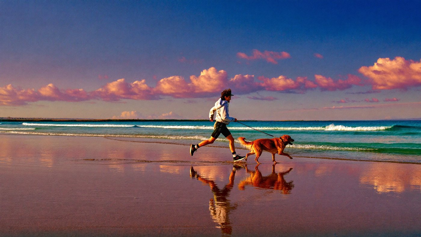A person and a dog running on wet reflective sand at sunset