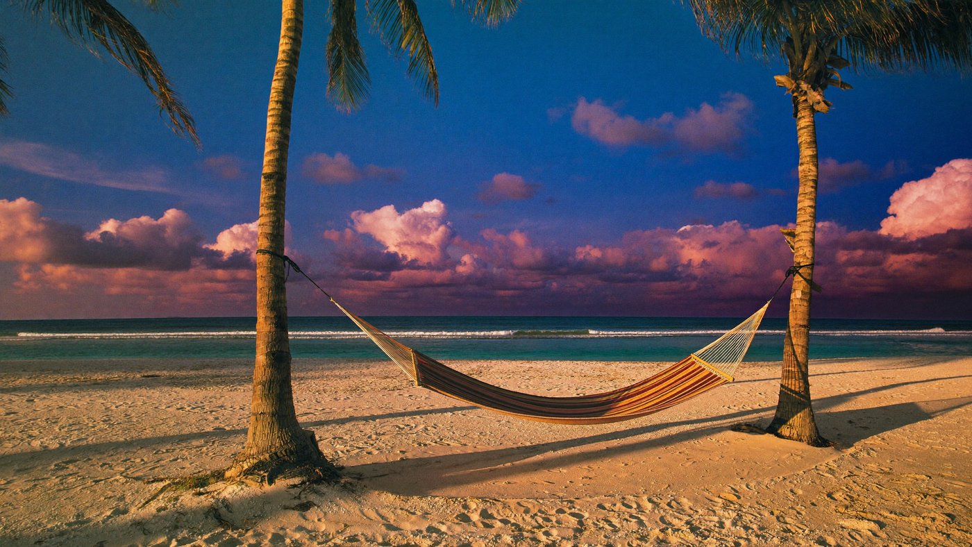 An empty hammock between two palms on a deserted beach at sunset