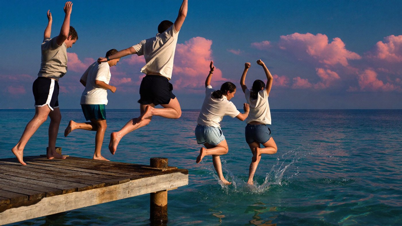 Friends leaping off a wooden jetty into clear turquoise water at sunset