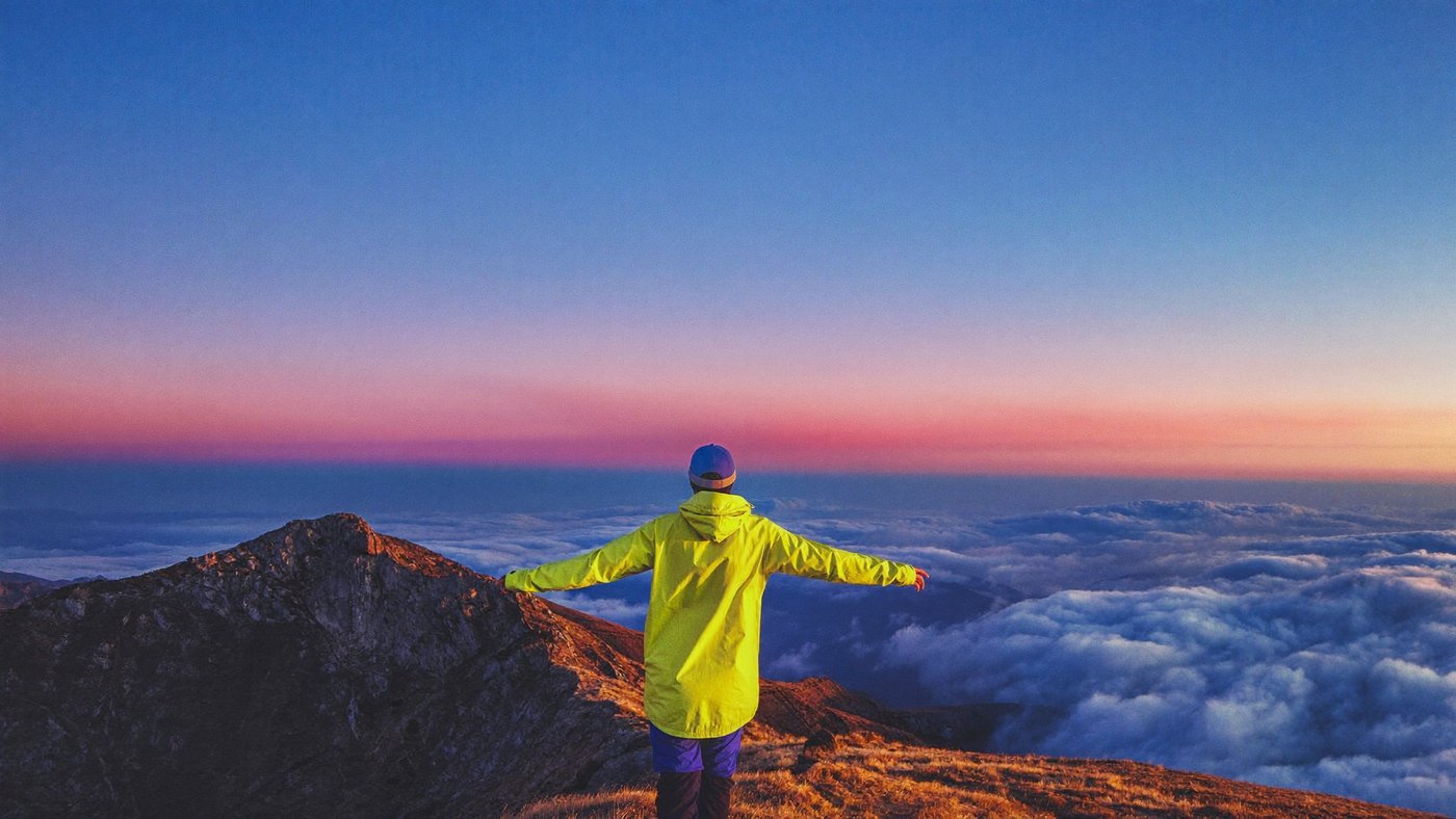 A person standing on a mountain ridge above a sea of cloud at sunrise, arms loose