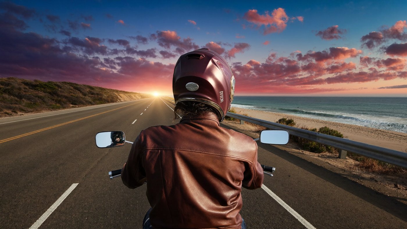 A lone motorcyclist on an empty coastal highway riding toward the setting sun