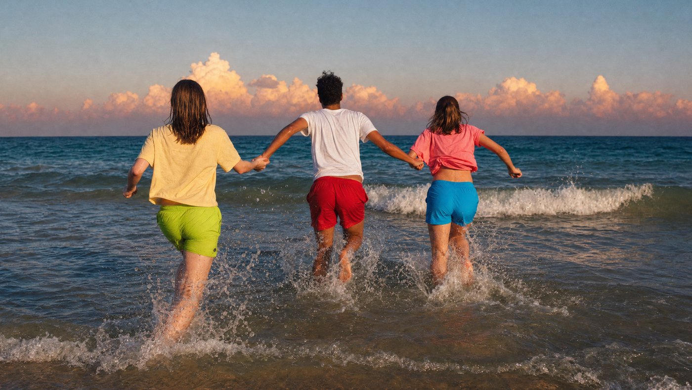 Three friends running into the sea at sunset under a vivid blue and pink evening sky